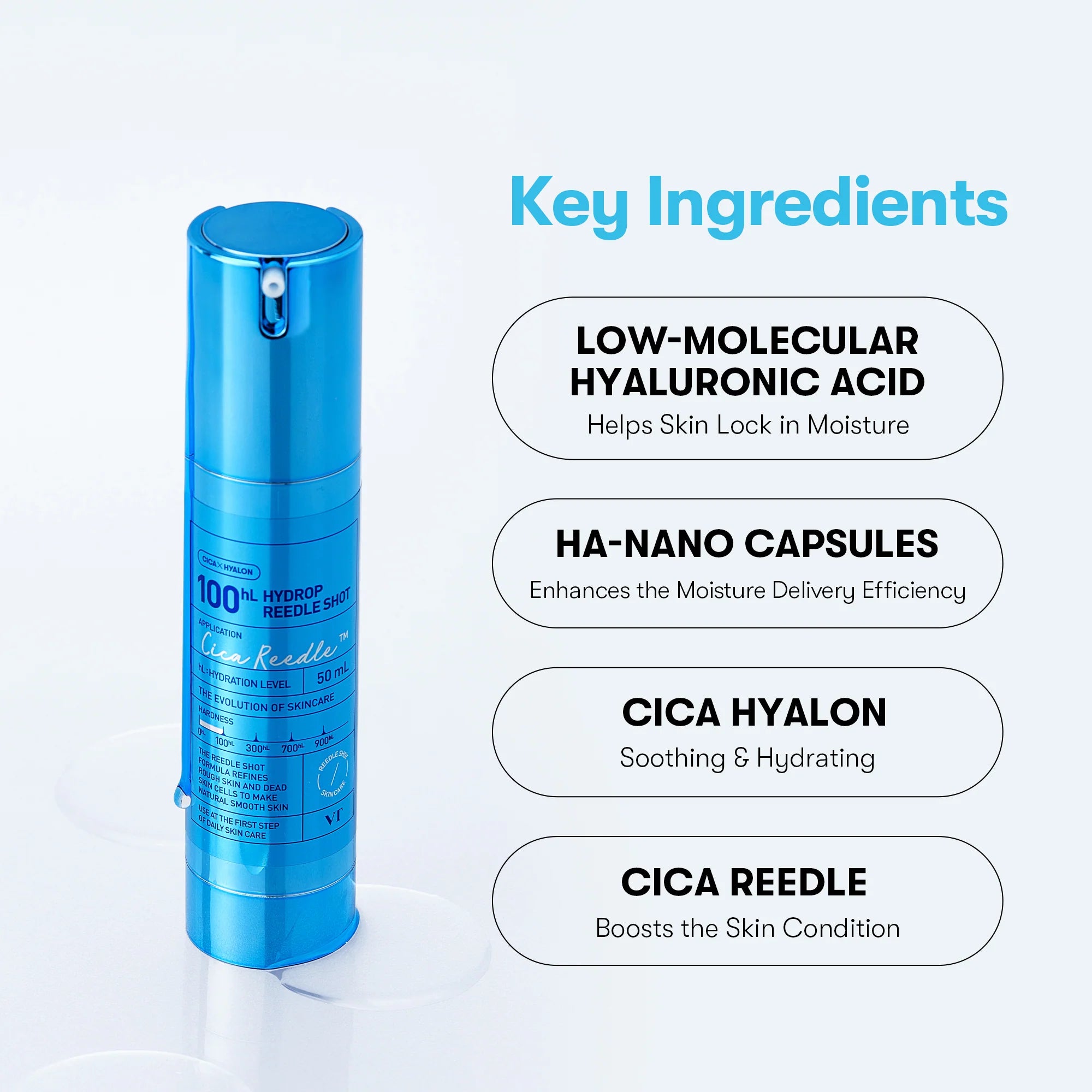 VT Cosmetics Hydrop Reedle Shot 100 med hyaluronsyra, HA Nano Capsules, CICA Hyalon och Cica Reedle