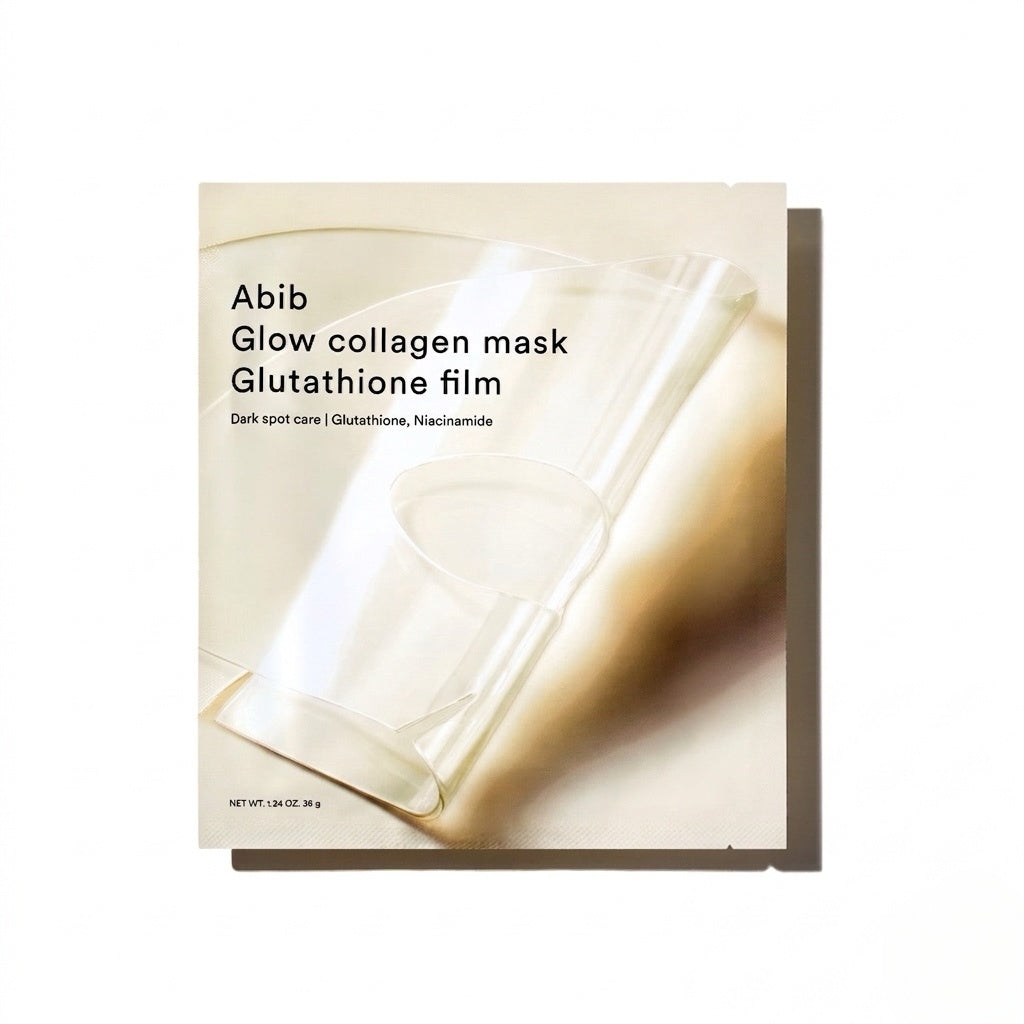 Abib Glow Collagen Mask Glutathione Film 38 g på vit bakgrund