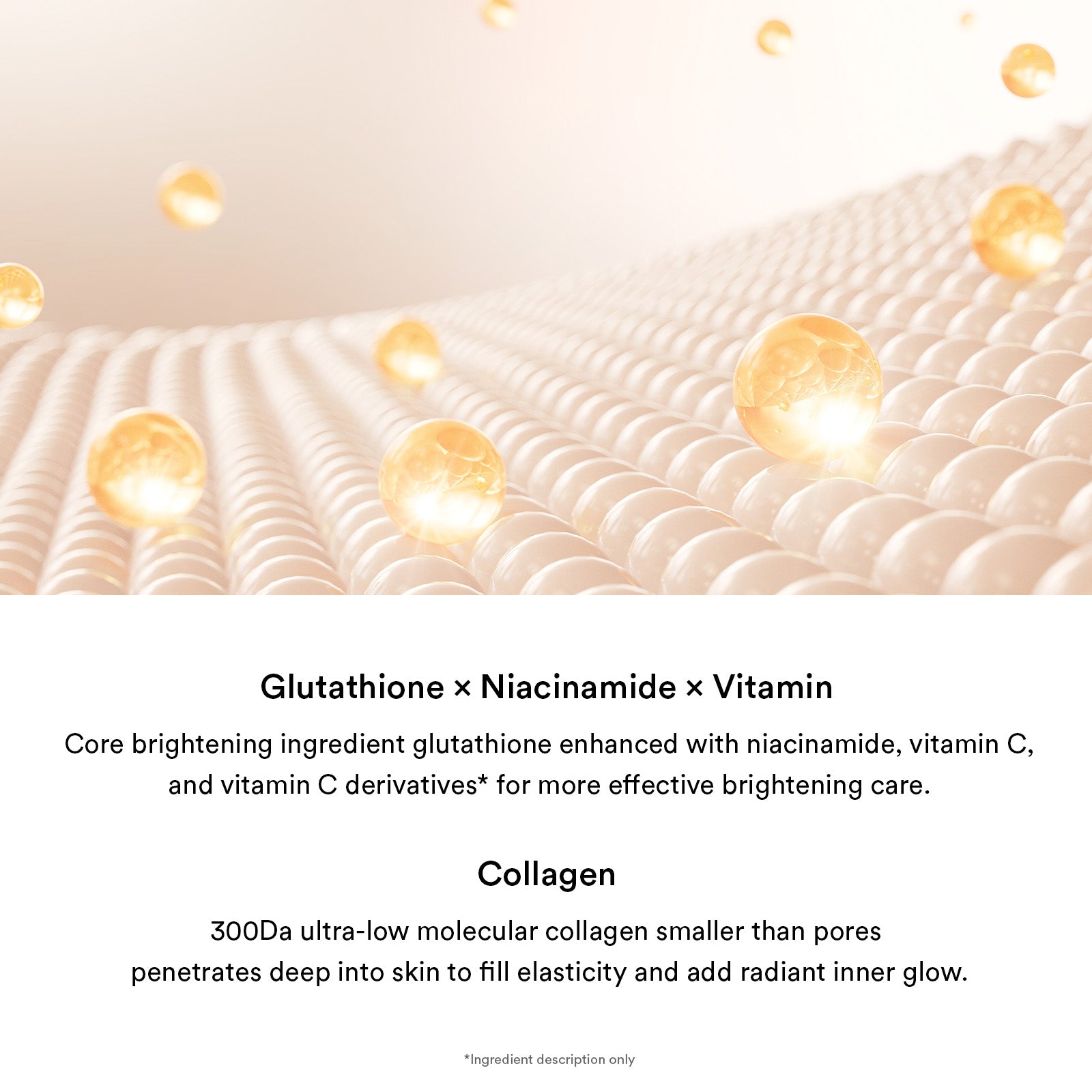 Nyckelingredienser i Abib Glow Collagen Mask: glutation, niacinamid, vitamin C och kollagen