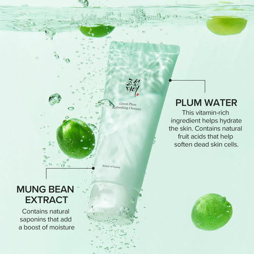 Beauty of Joseon Green Plum Refreshing Cleanser med grönt plommon och mungbönsextrakt som återfuktar och rengör huden skonsamt.