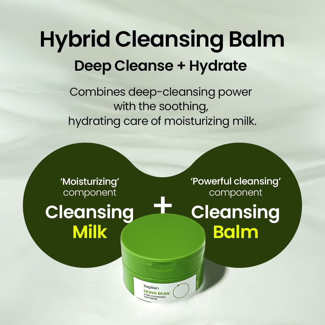 Illustration som visar hur Beplain Mung Bean Pore Cleansing Milk Balm kombinerar djuprengöring med återfuktande mjölkrengöring.