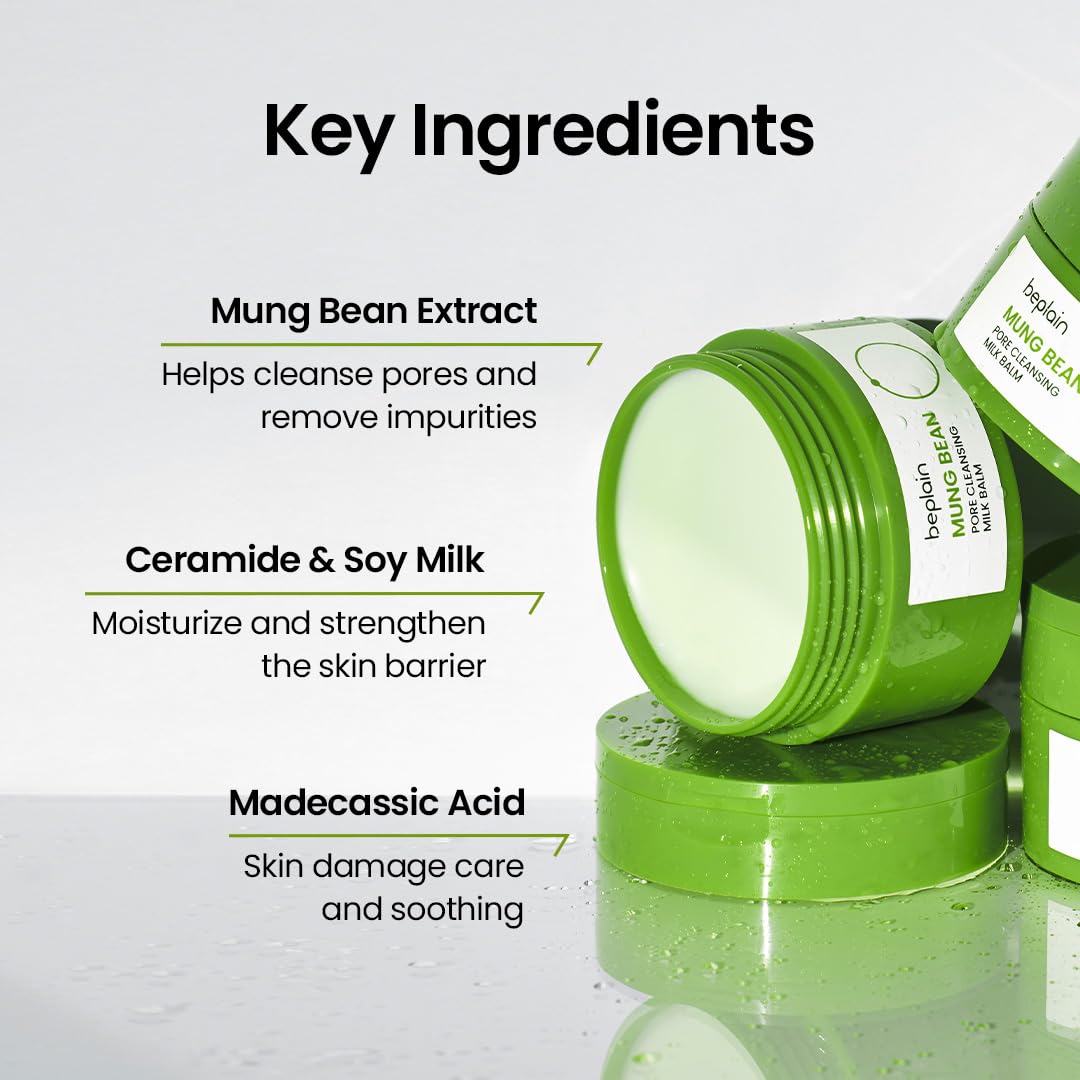 Illustration av nyckelingredienser i Beplain Mung Bean Pore Cleansing Milk Balm, inklusive mungbönsextrakt, ceramider, sojamjölk och madecassic acid.