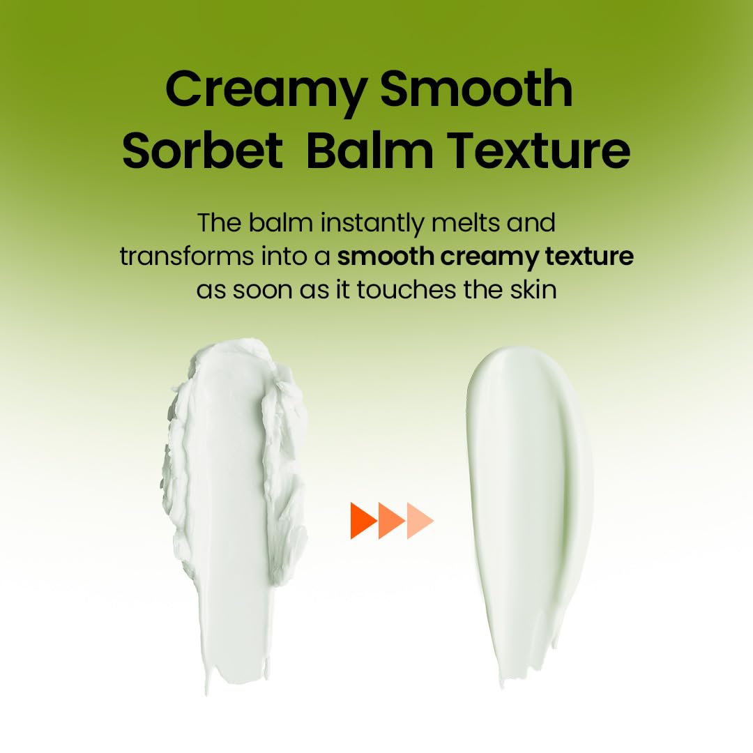 Beplain Mung Bean Pore Cleansing Milk Balm med sorbetliknande balmtextur som smälter till en mjuk rengöringsolja vid kontakt med huden.