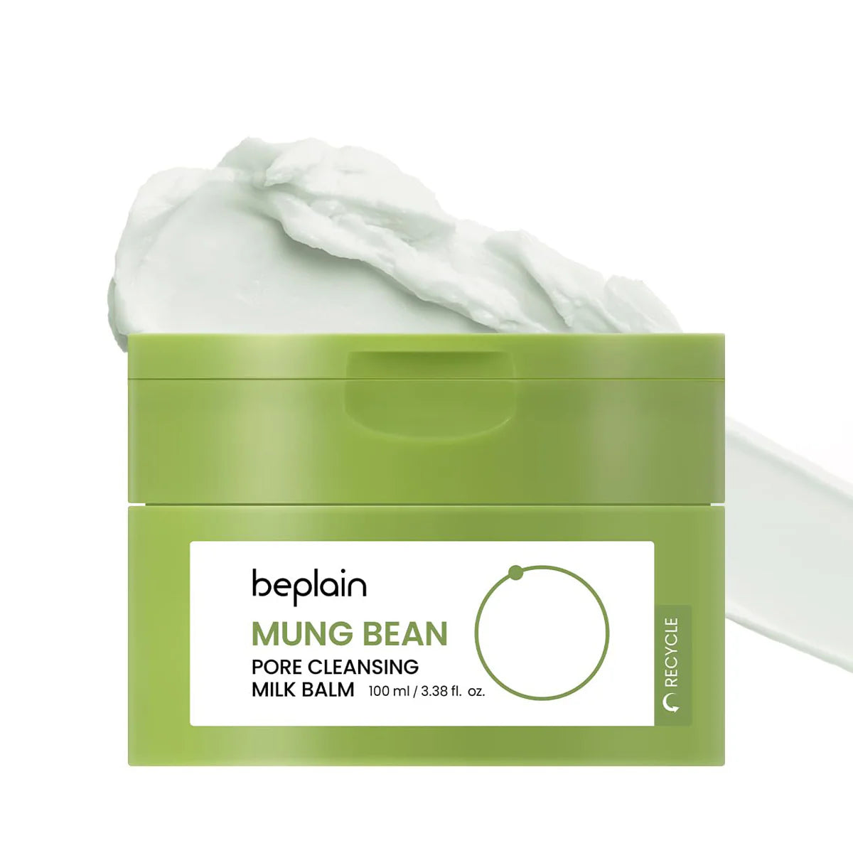Beplain Mung Bean Pore Cleansing Milk Balm 100 ml i grön burk mot vit bakgrund.