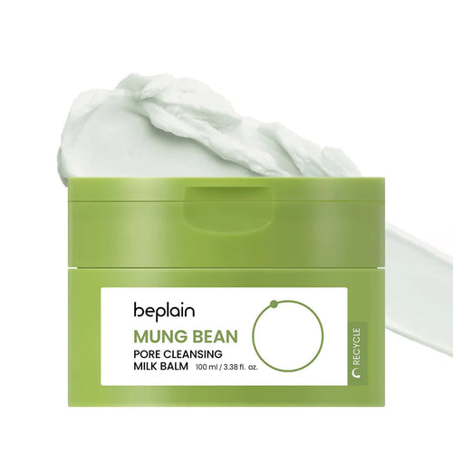 Beplain Mung Bean Pore Cleansing Milk Balm 100 ml i grön burk mot vit bakgrund.