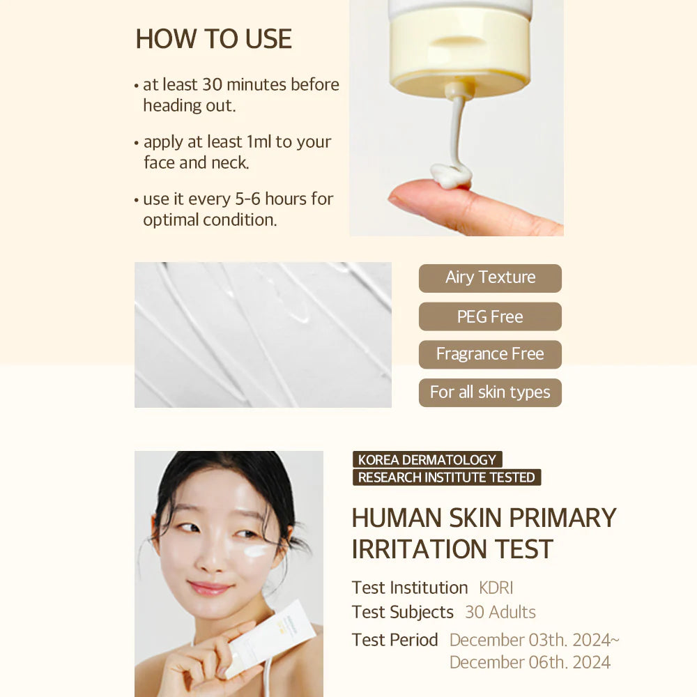 Mixsoon Bean Sun Serum SPF50+ PA++++ med appliceringsguide och information om hudtest