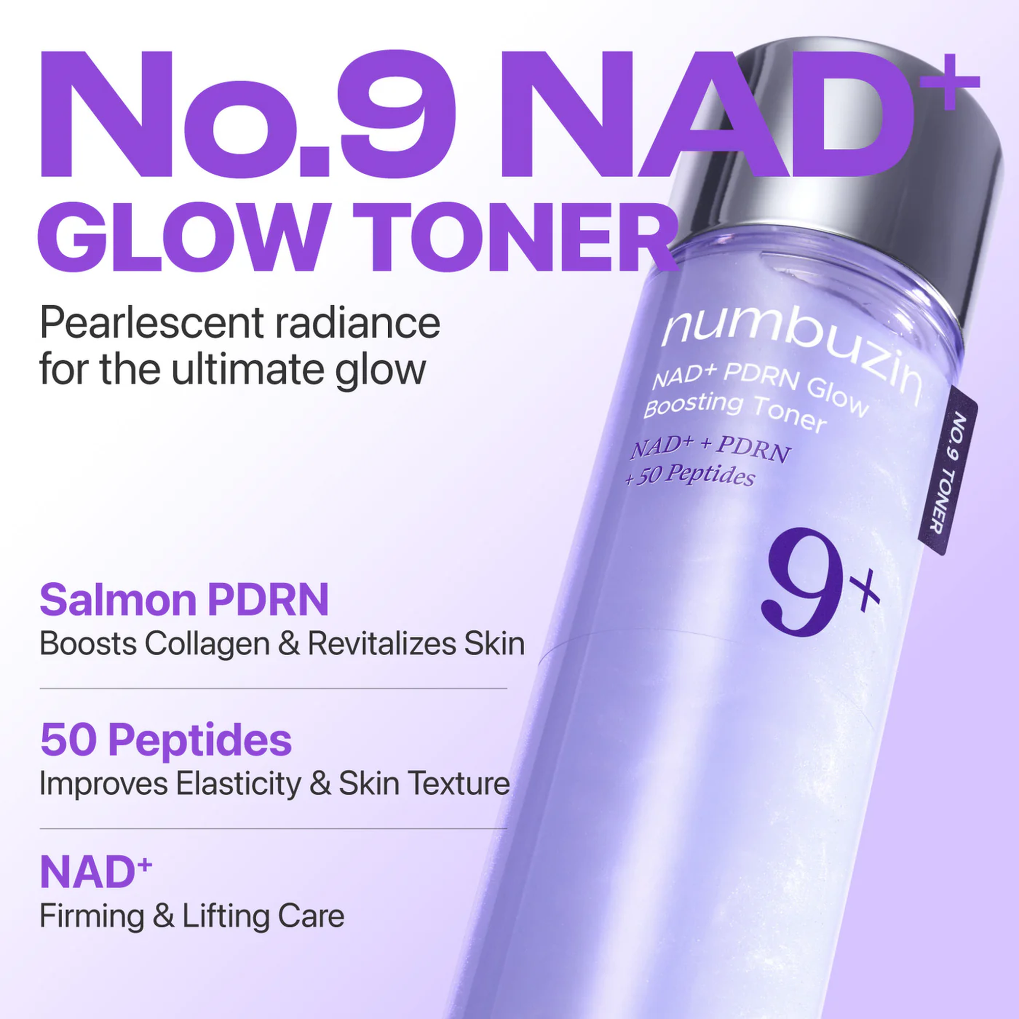 Numbuzin No.9 NAD+ PDRN Glow Boosting Toner med lax-PDRN, 50 peptider och NAD+